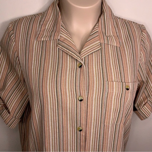 Vintage Large Blair Orange Striped Button Up Top Cuffed Short Sleeve Stretch - Picture 4 of 16